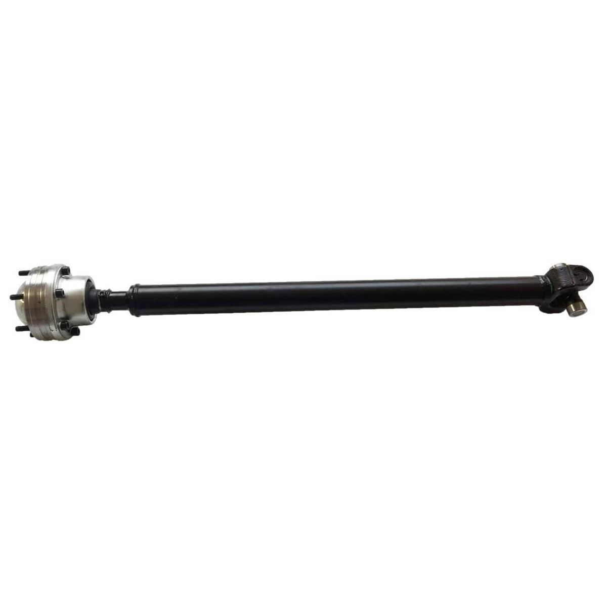 Front drive shaft propeller shaft, long black tube with end yokes and mounting flange.