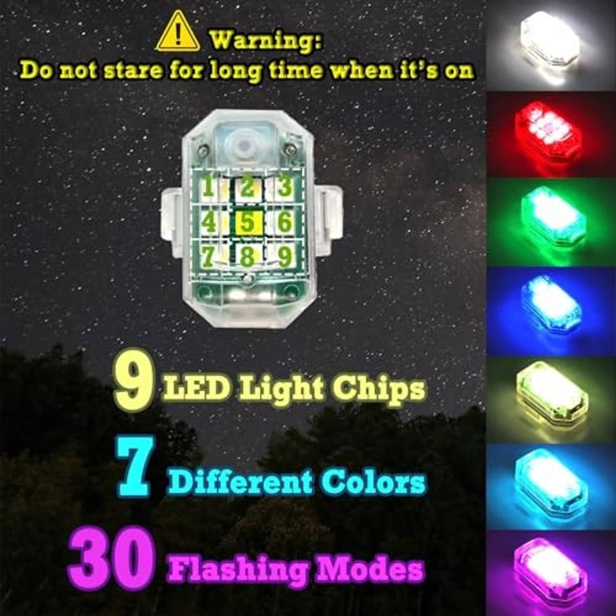 Weatherproof clear LED strobe light showing multi-color warning flashes