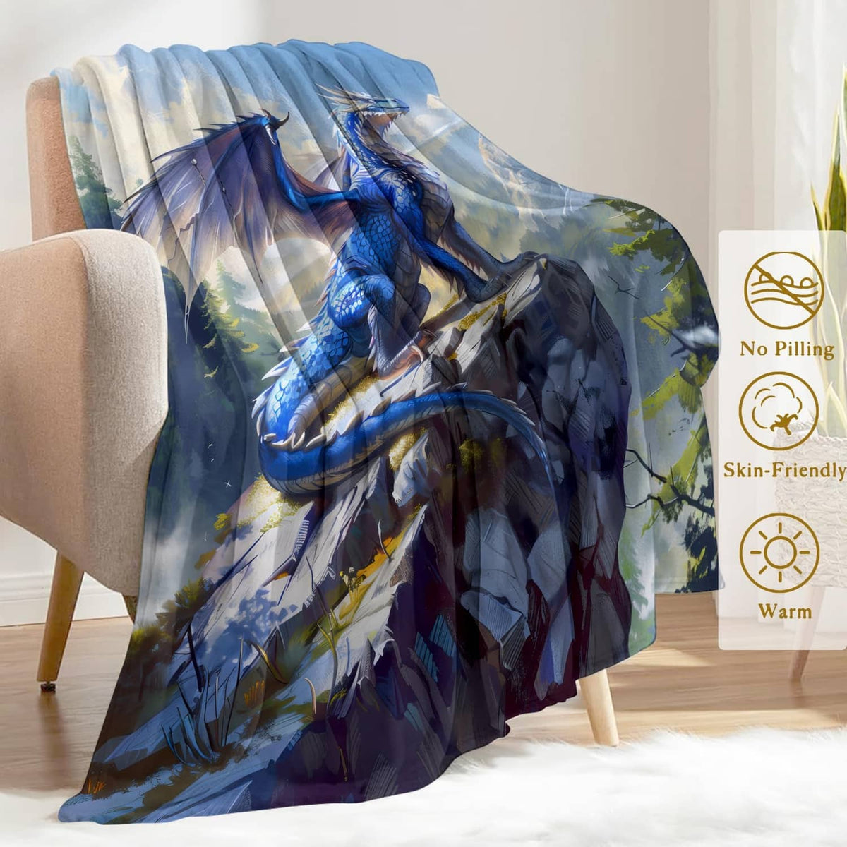 Blue flannel blanket over chair with detailed blue dragon and rocky landscape design