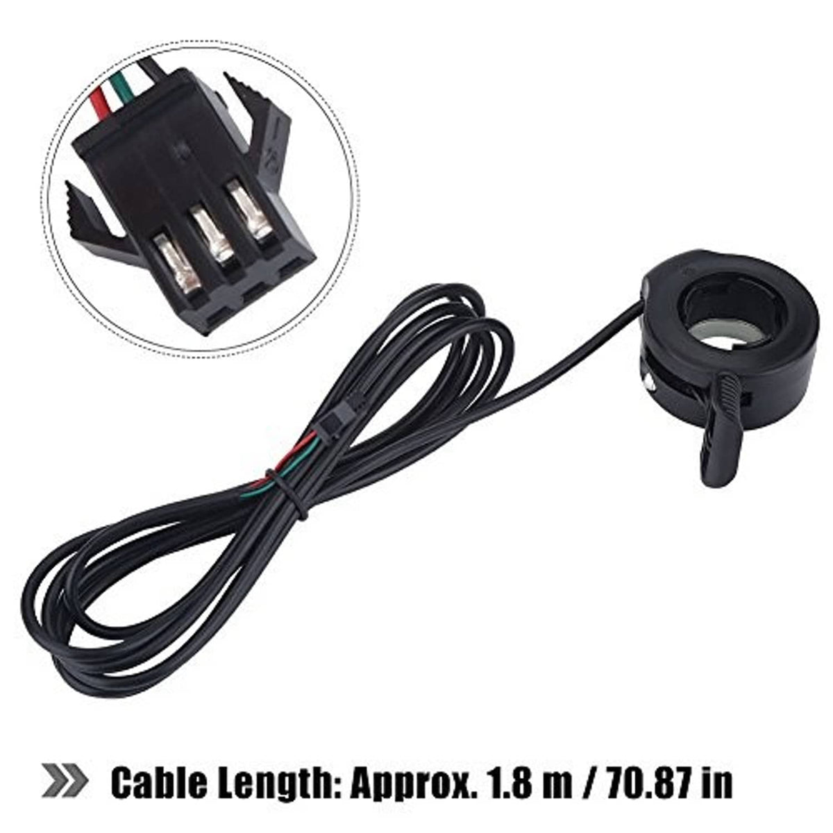 Thumb throttle housing with wiring bundle and visible multi-pin connector end