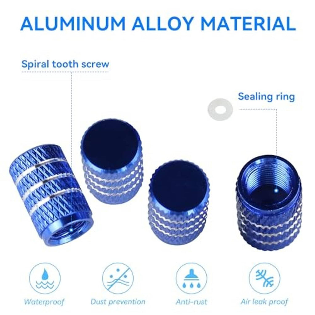Blue aluminum valve stem caps showing sealing ring and spiral tooth screw