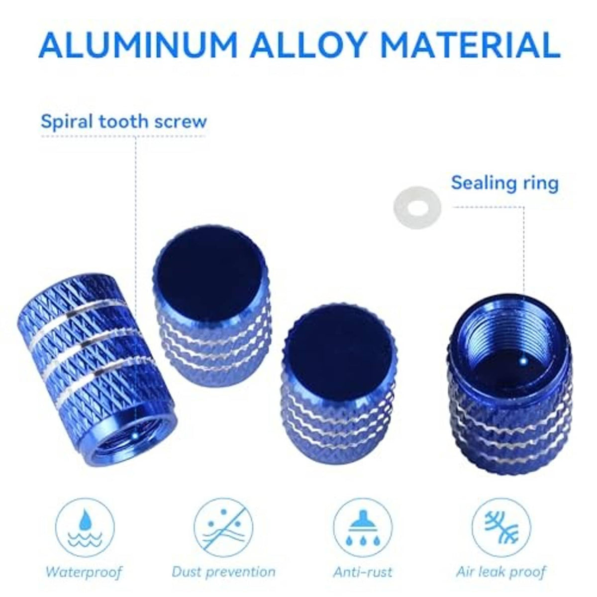 Blue aluminum valve stem caps showing sealing ring and spiral tooth screw