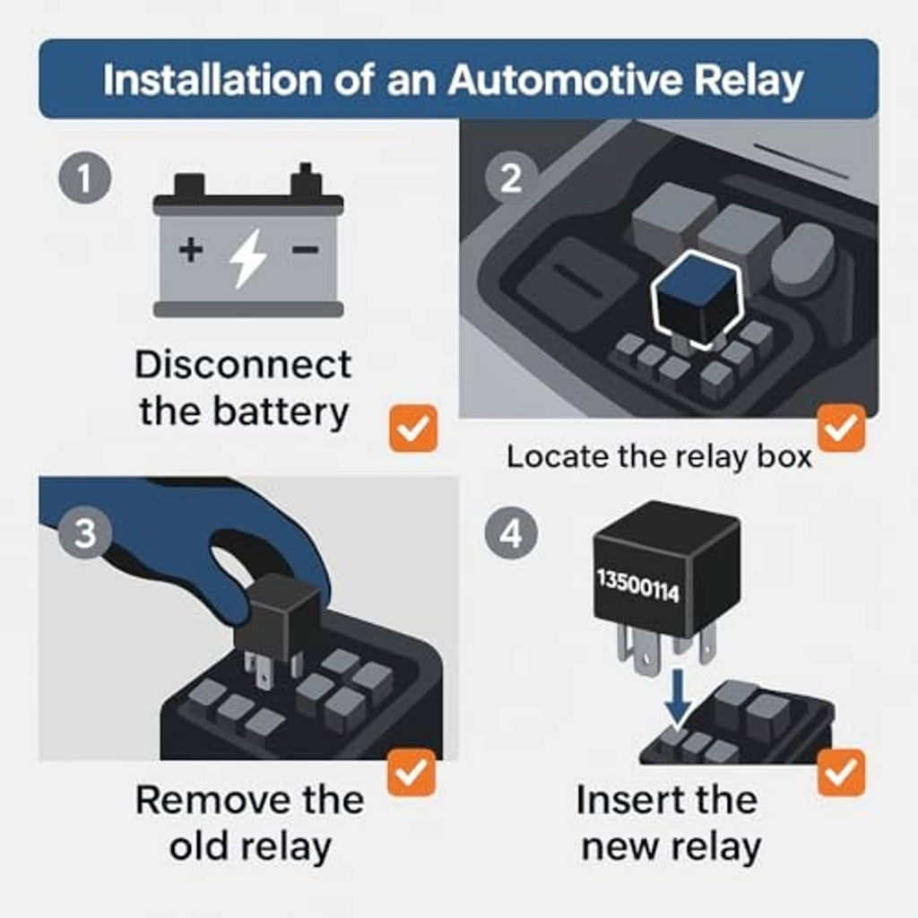 Installation guide graphic for an automotive relay, showing remove and insert steps
