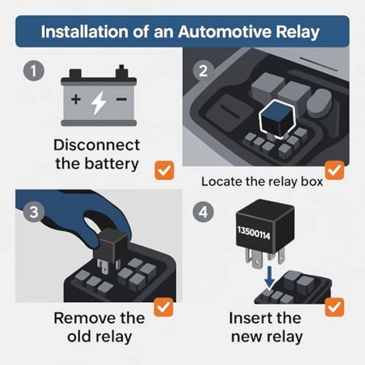 Installation guide graphic for an automotive relay, showing remove and insert steps