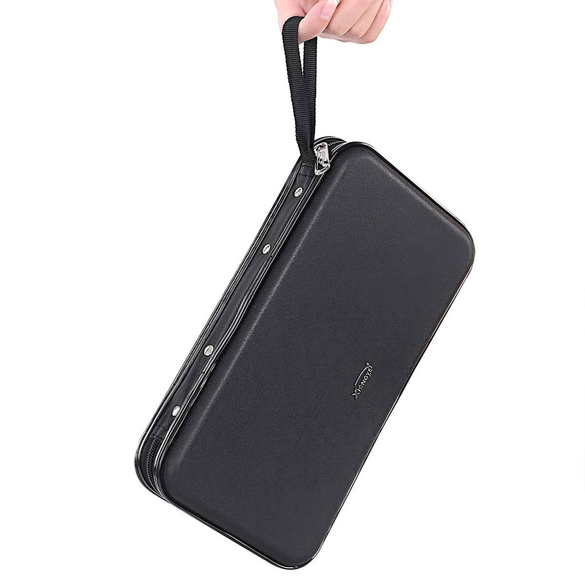 Black hard-shell DVD case with carrying strap, angled front view.