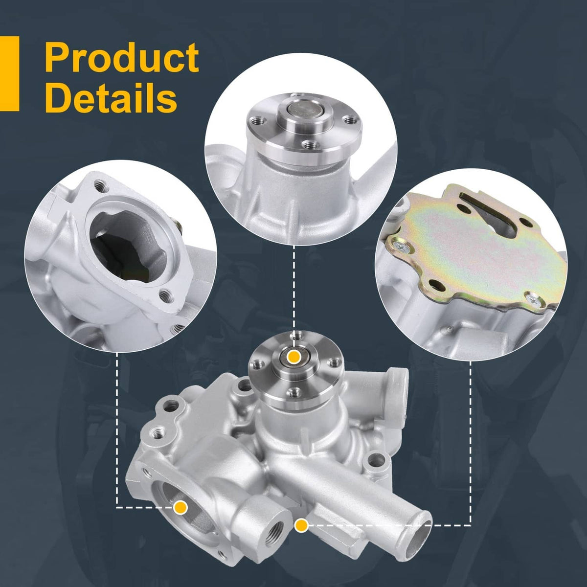 Engine water pump with flange detail and port close-ups, silver metal