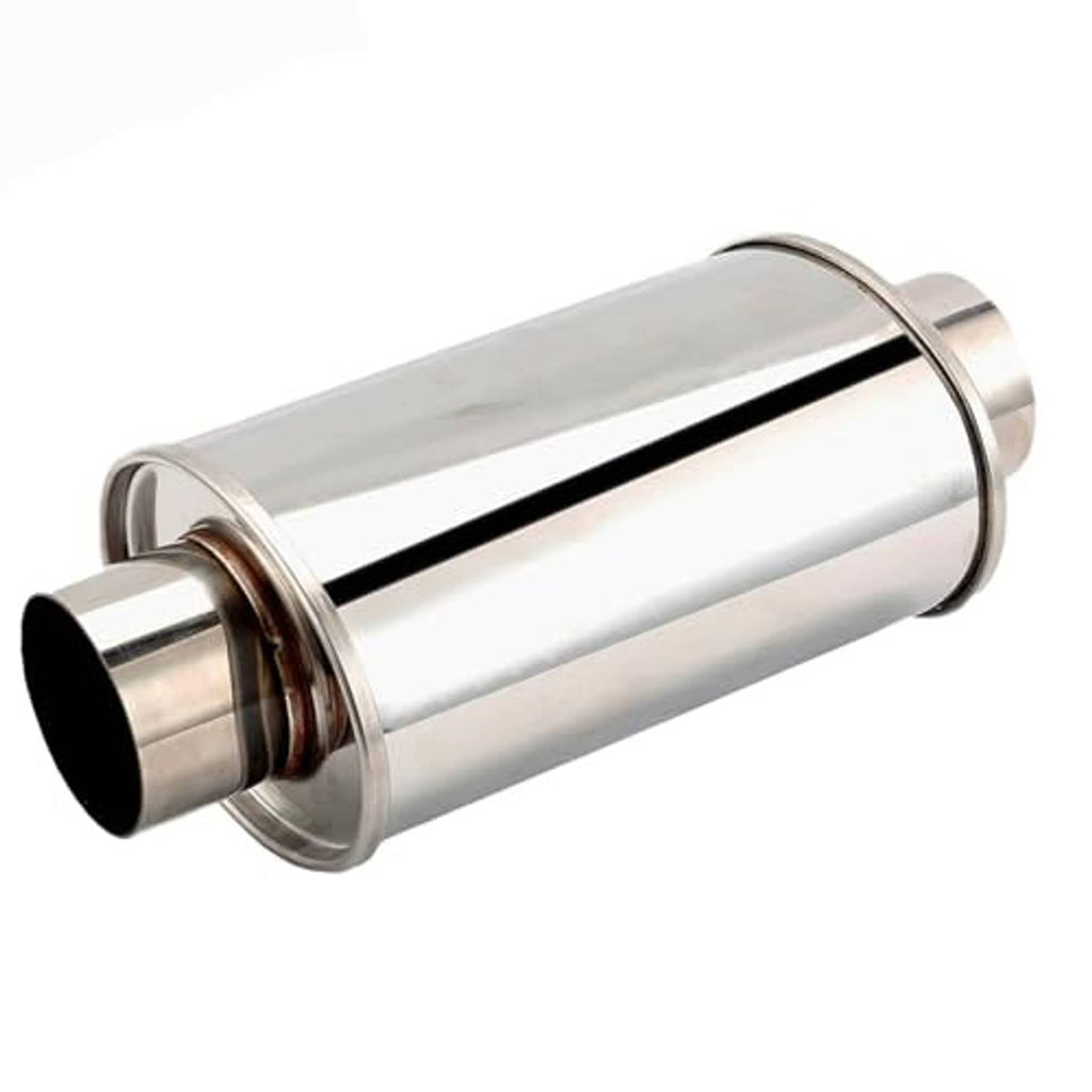 Stainless steel exhaust resonator muffler with flared inlet flange and polished body