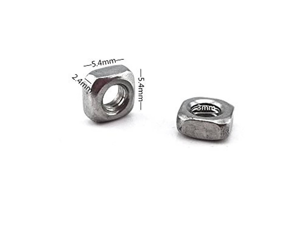 M3 304 stainless steel square nuts, shiny silver, front and side view