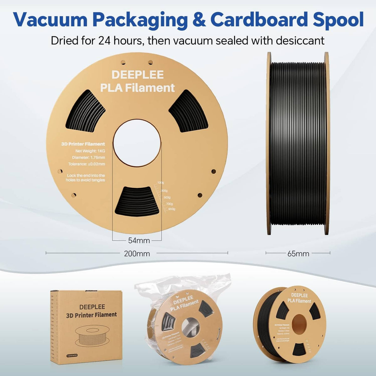 Vacuum-sealed PLA filament packaging with black spool, plus cardboard box and spare reel