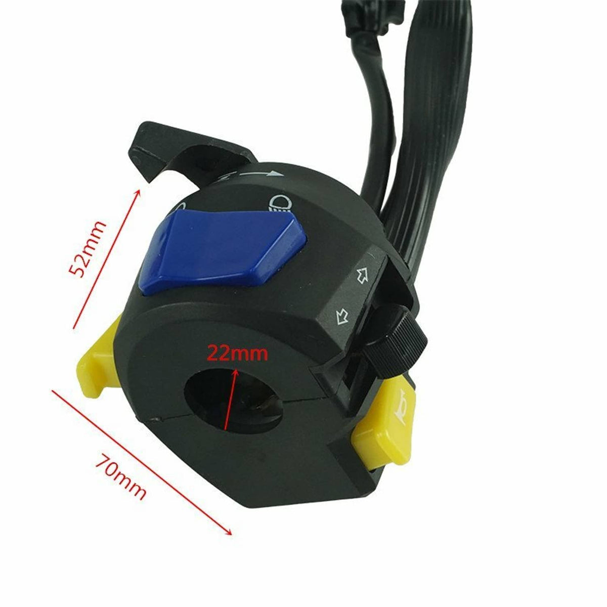 Motorcycle handlebar control switch with blue switch cover and yellow thumb control, black body