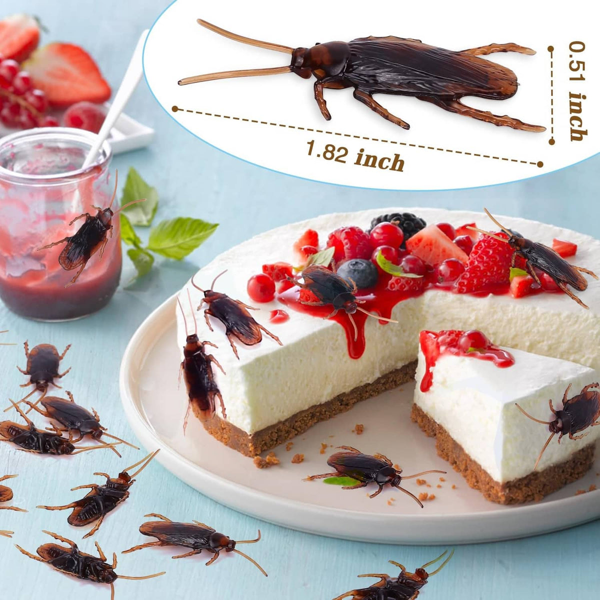 Fake dark insects on a cake slice and plate with strawberries and crumbs