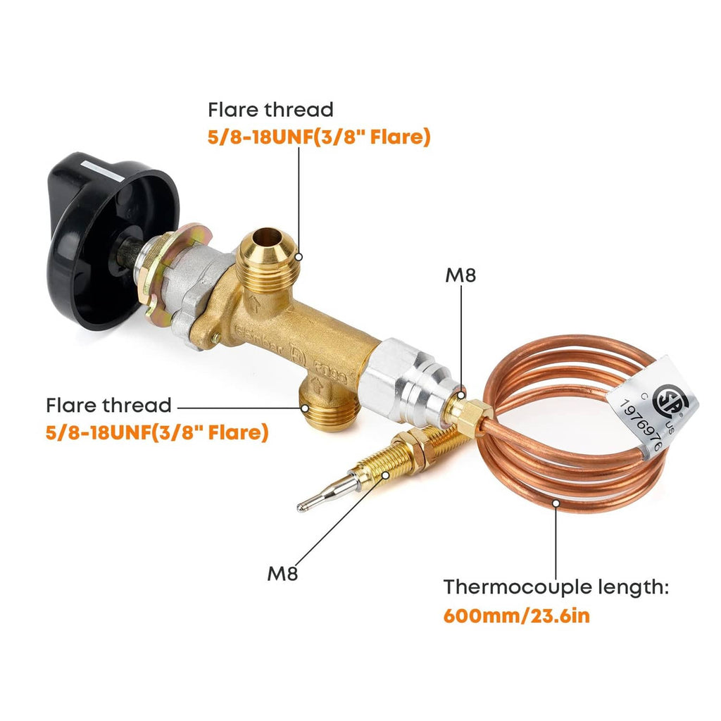 Brass flame-failure valve with black knob, copper thermocouple lead, threaded fittings