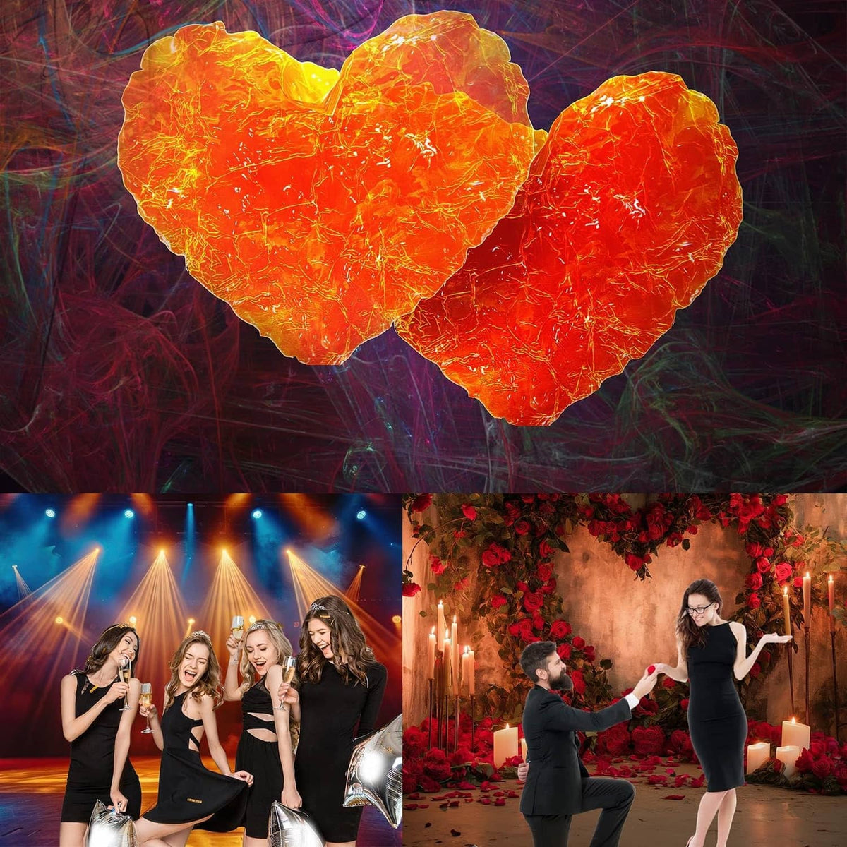 Glowing orange heart-shaped design on a colorful, abstract reef background