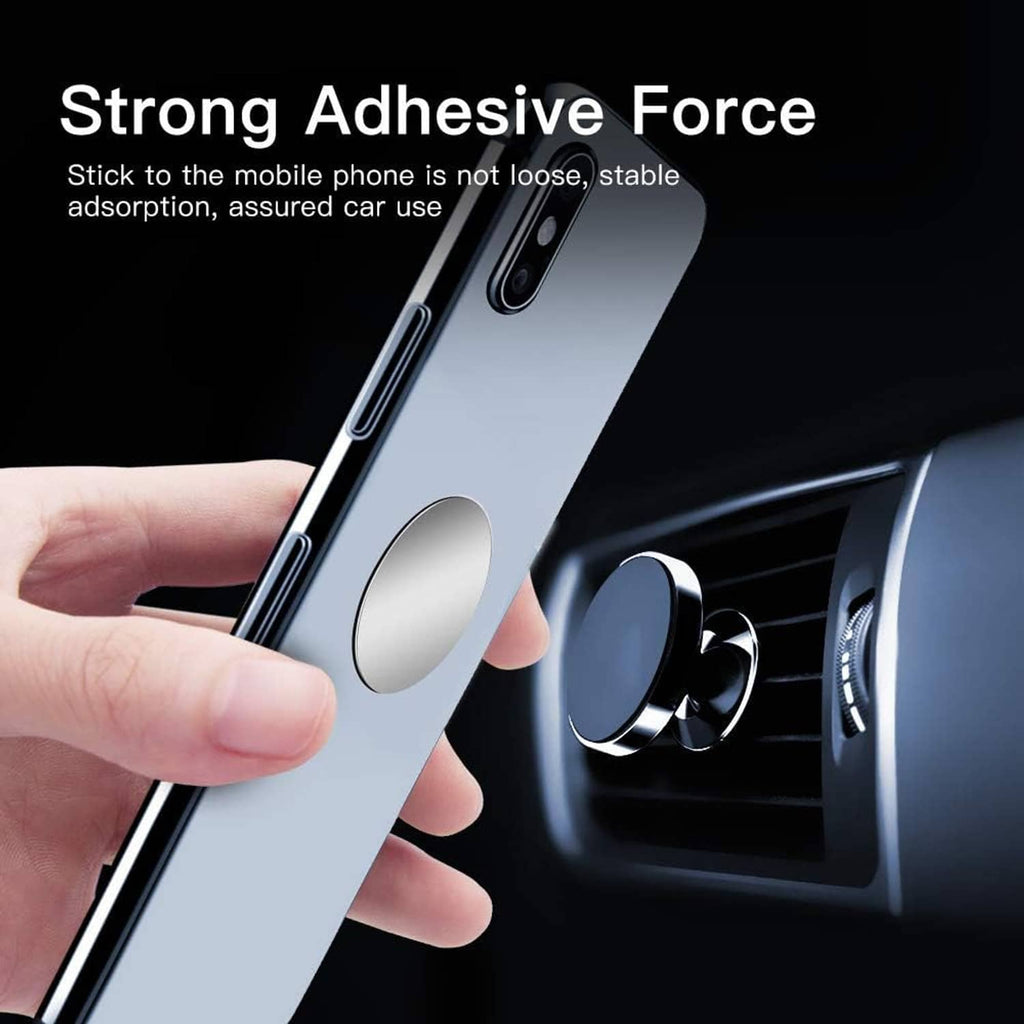 Silver metal plate attached to phone for magnetic car vent mounting