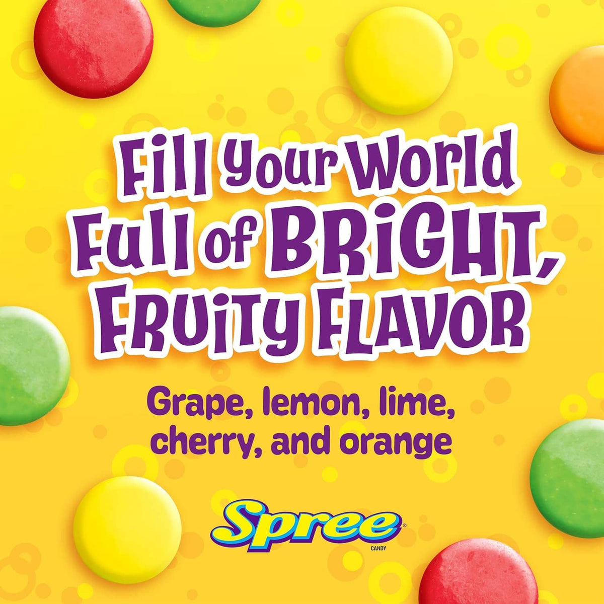 Chewy Spree candy bag with bright slogan and flavor text