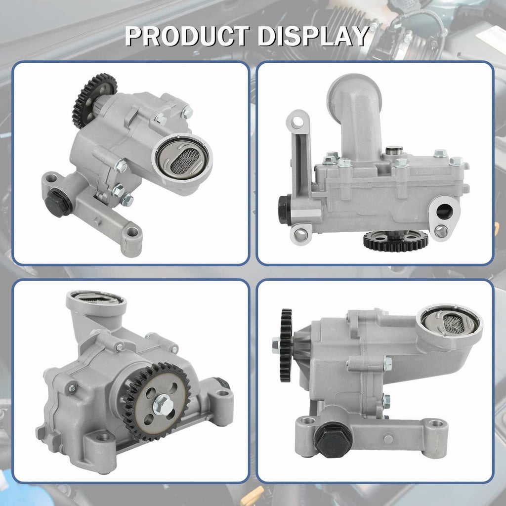 Engine oil pump product display showing side view and top inlet screen detail