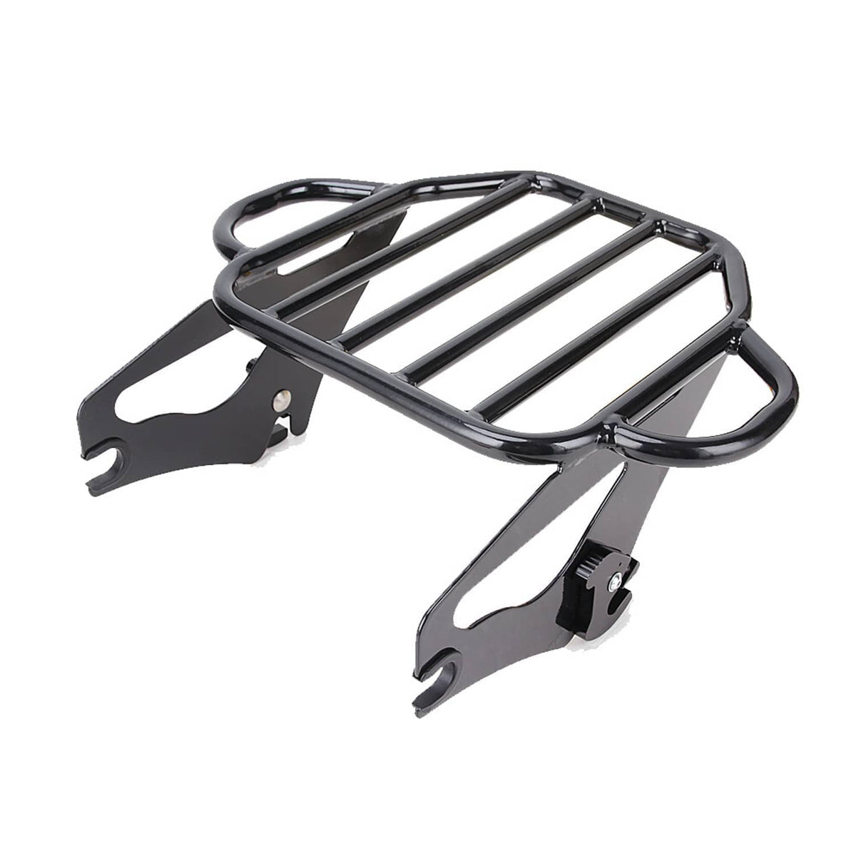 Black luggage rack sissy bar assembly with metal grille and side mounting arms