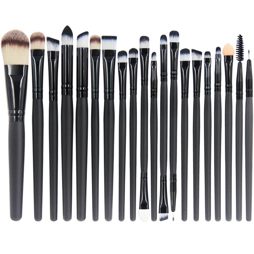20 makeup brushes set with black handles and mixed bristle tips, plus one spoolie