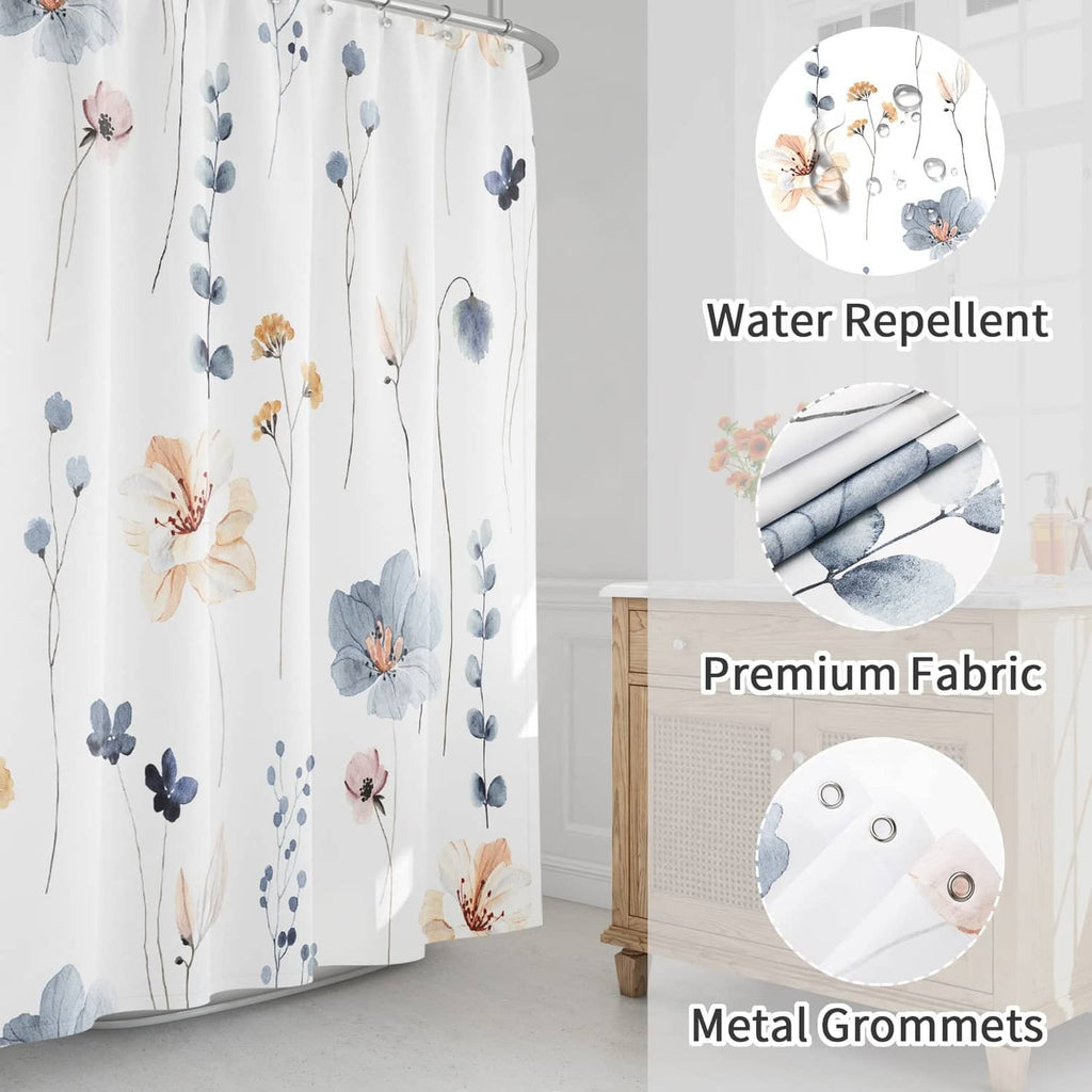 Blue and white floral shower curtain with metal grommets and water-repellent fabric