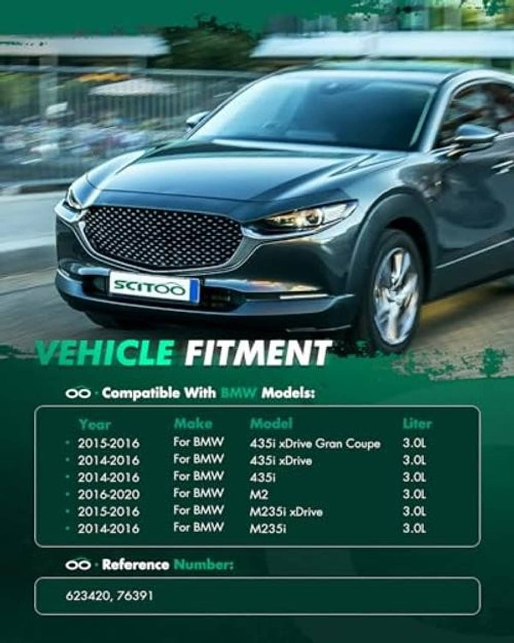 Vehicle fitment graphic showing car front with compatible cooling fan assembly
