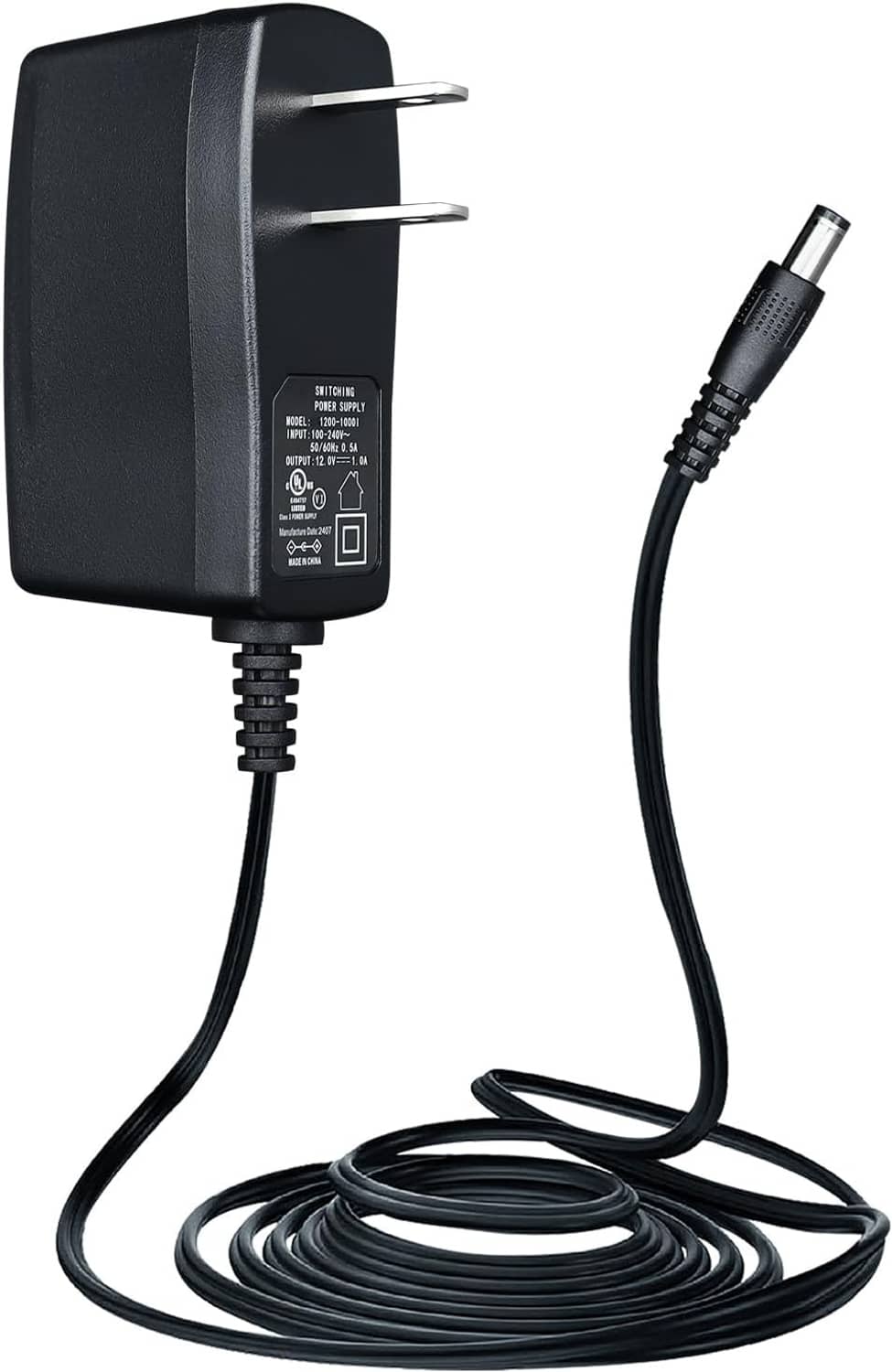 Black 12V AC power adapter with two-prong plug and attached DC cable