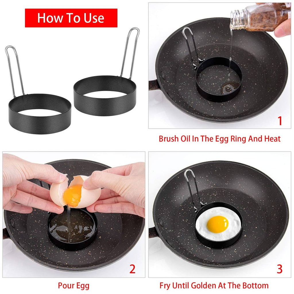 Black nonstick egg rings with stainless handles, eggs cooking in round mold wells