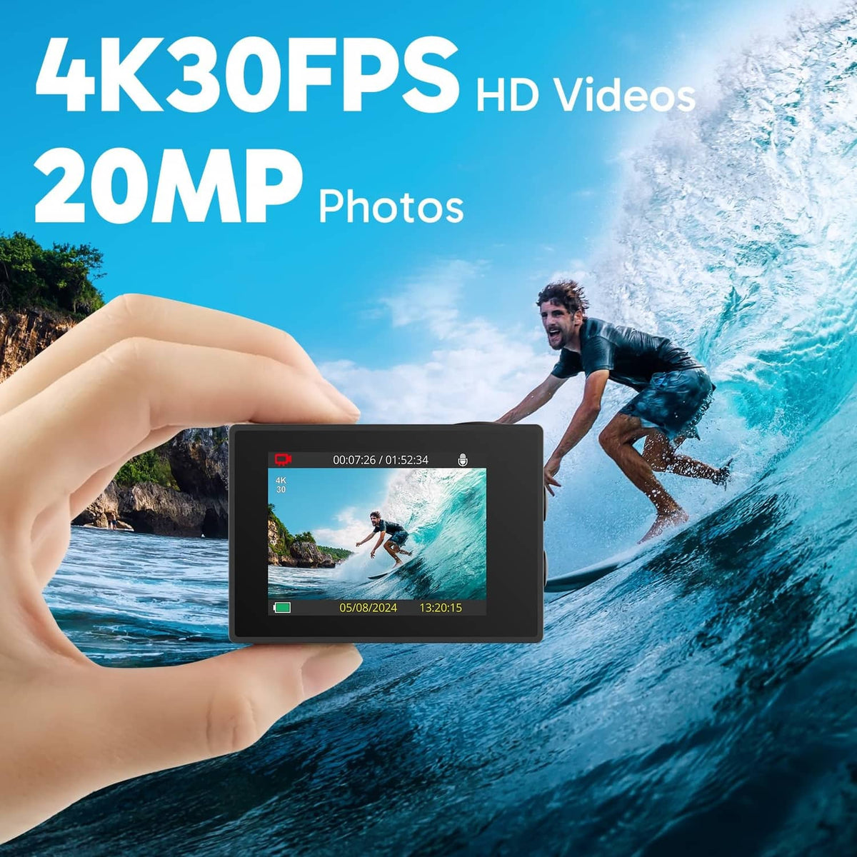 AKASO EK7000 action camera with LCD screen showing video playback