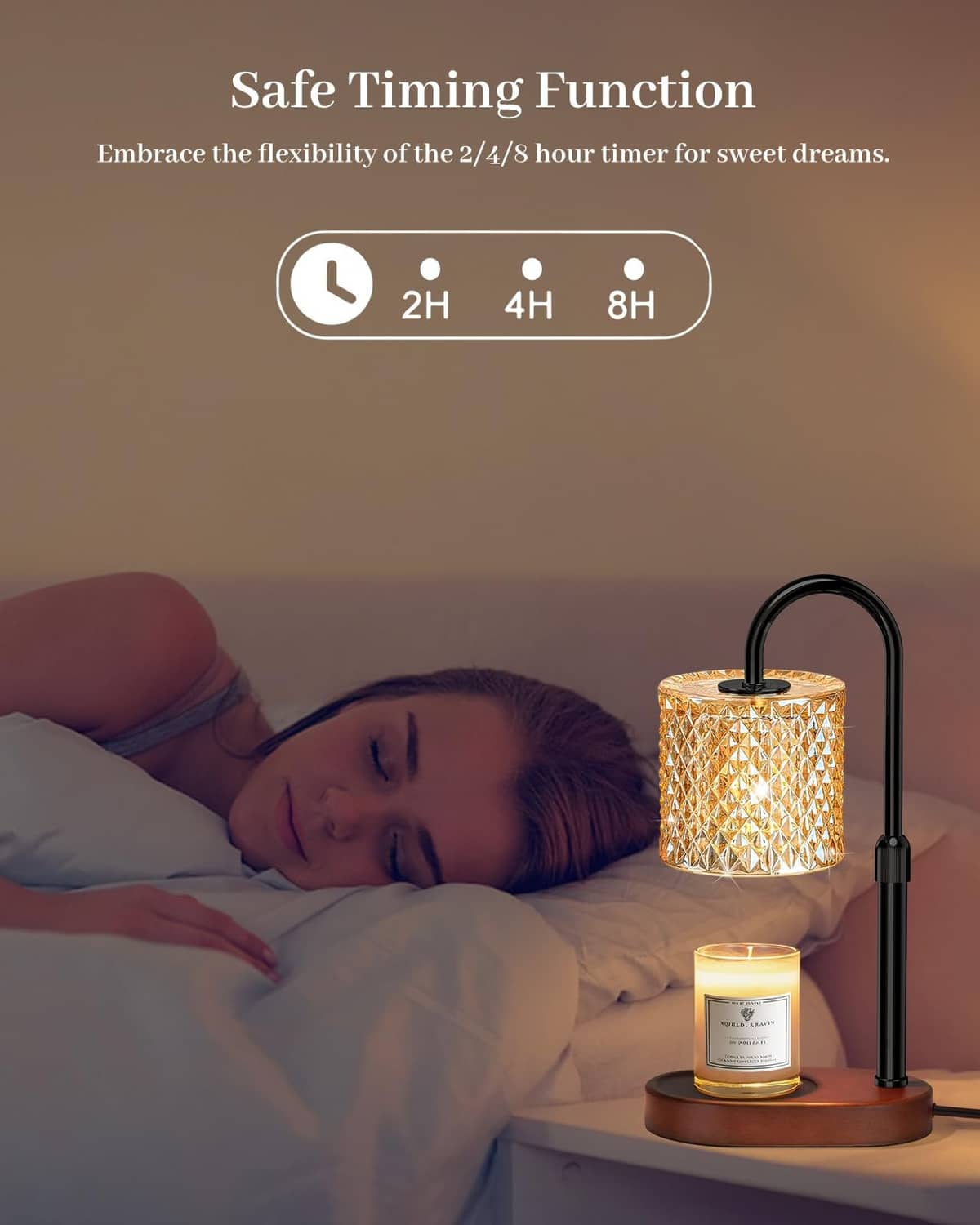 Black candle warmer lamp with diamond glass shade and lit jar candle on nightstand
