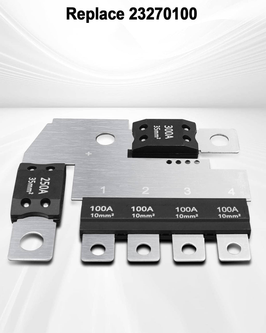 Main fuse block plate with multiple 100A 10mm² fuses and silver bracket tabs