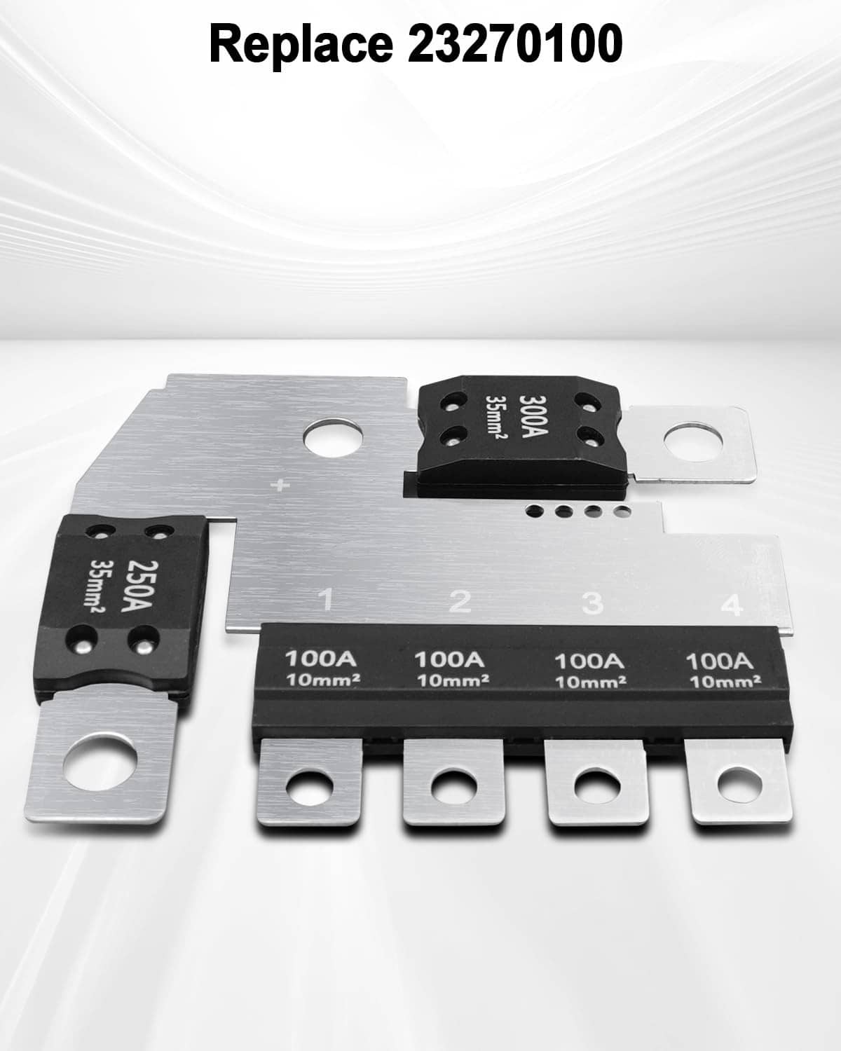 Main fuse block plate with multiple 100A 10mm² fuses and silver bracket tabs