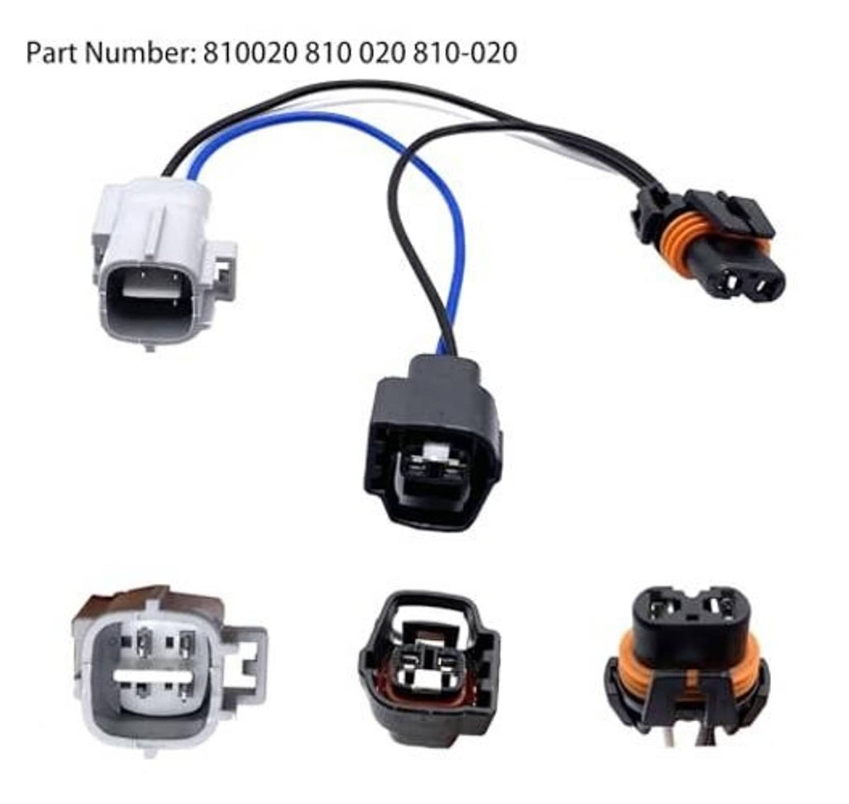 LED headlight conversion harness with multiple connector housings and blue/black wiring
