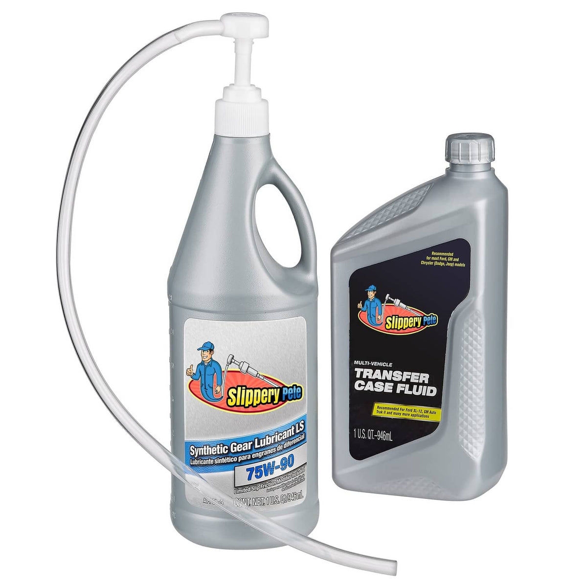 Slippery Pete transfer pump with white suction hose and two lubricant bottles