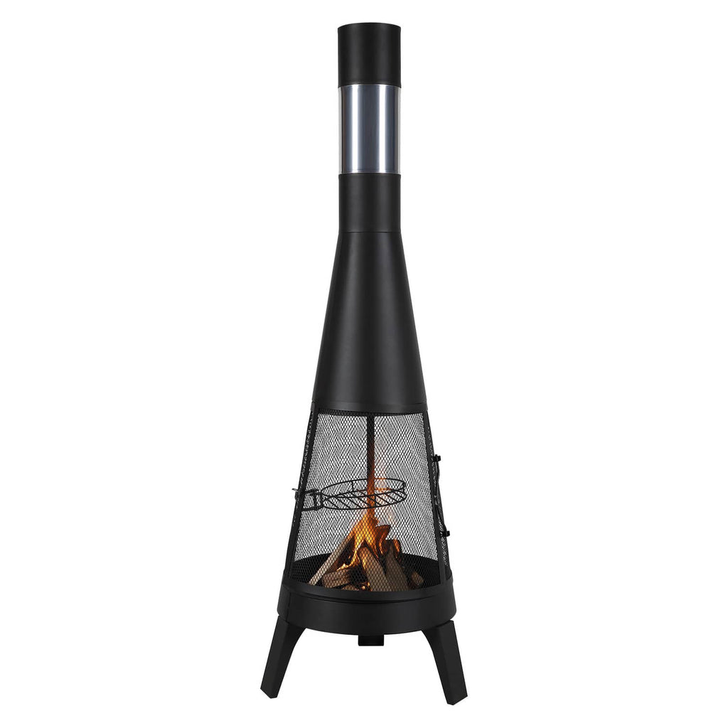 Outdoor chiminea firepit with flames inside the mesh firebox and stainless chimney