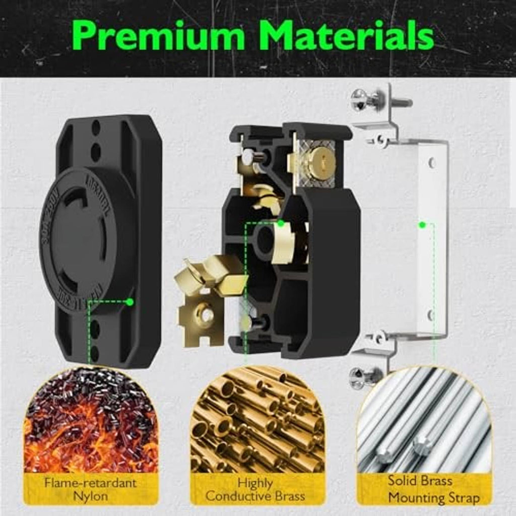 Black NEMA L6-30R locking receptacle with nylon housing and brass mounting strap