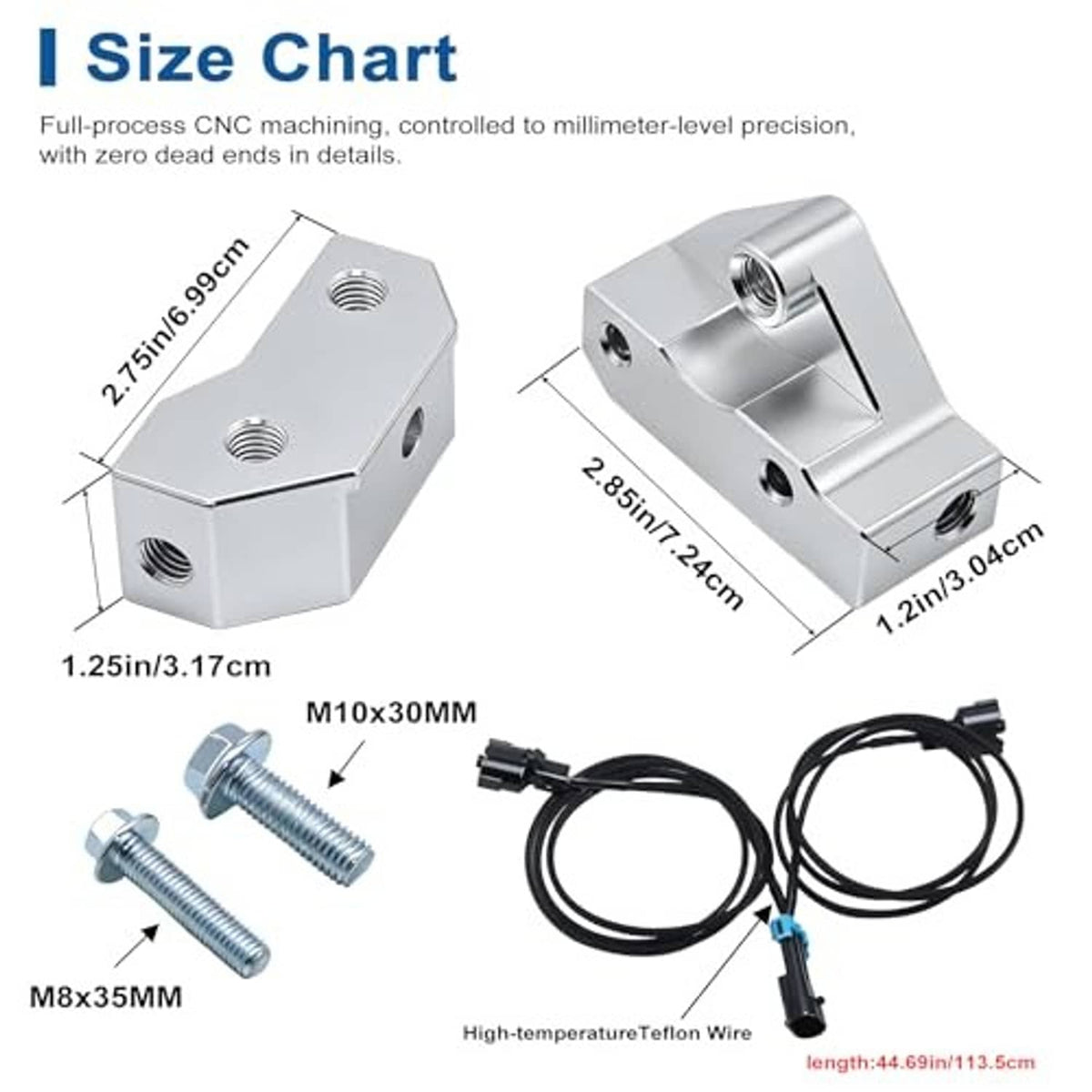 Knock sensor relocation kit size chart with brackets, bolts, and wiring harness dimensions