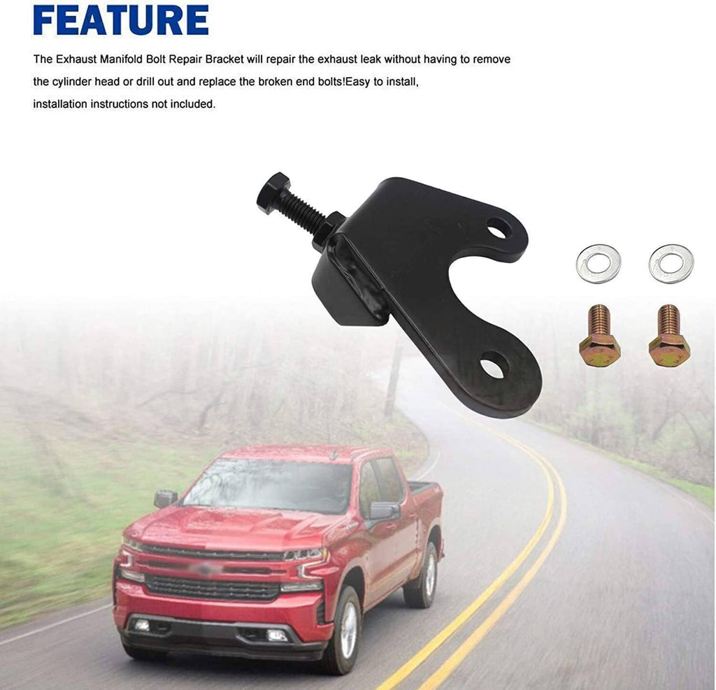 Black exhaust manifold bolt repair bracket with threaded screw, bolts, and washers