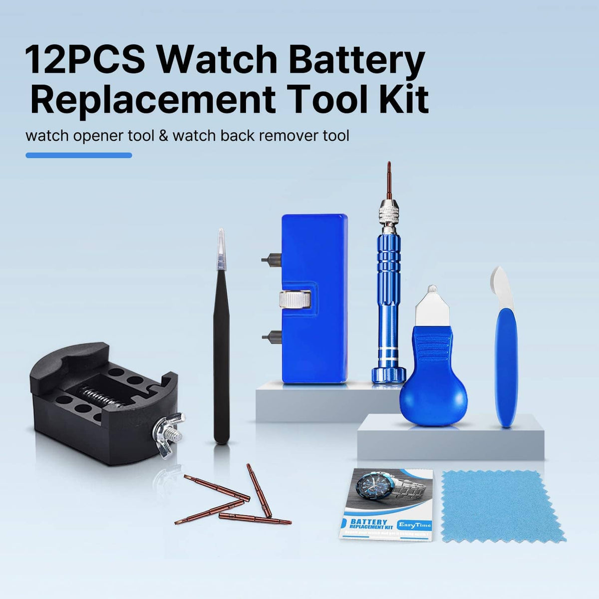 12-piece watch battery replacement tool kit with blue opener, screwdriver, tweezers, and cloth