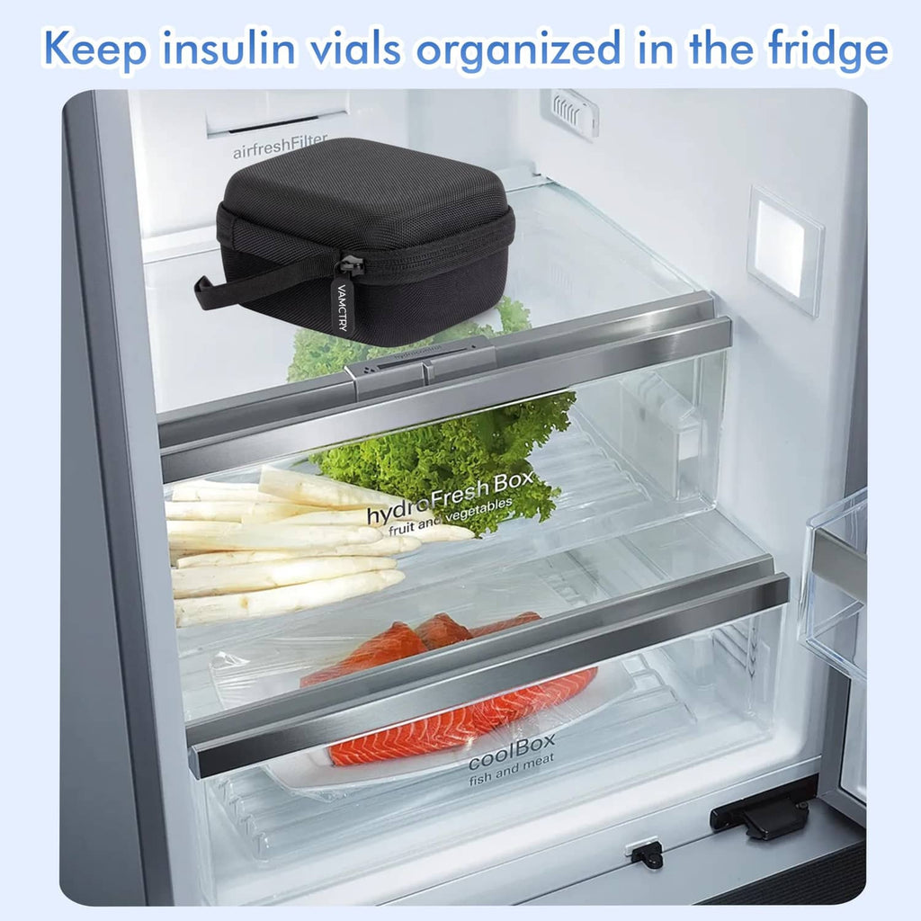 Black zippered vial storage case with handle, shown in refrigerator for organized vials