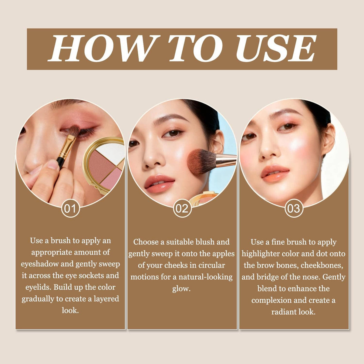 Eye and cheek palette with four pans shown with three use-step panels