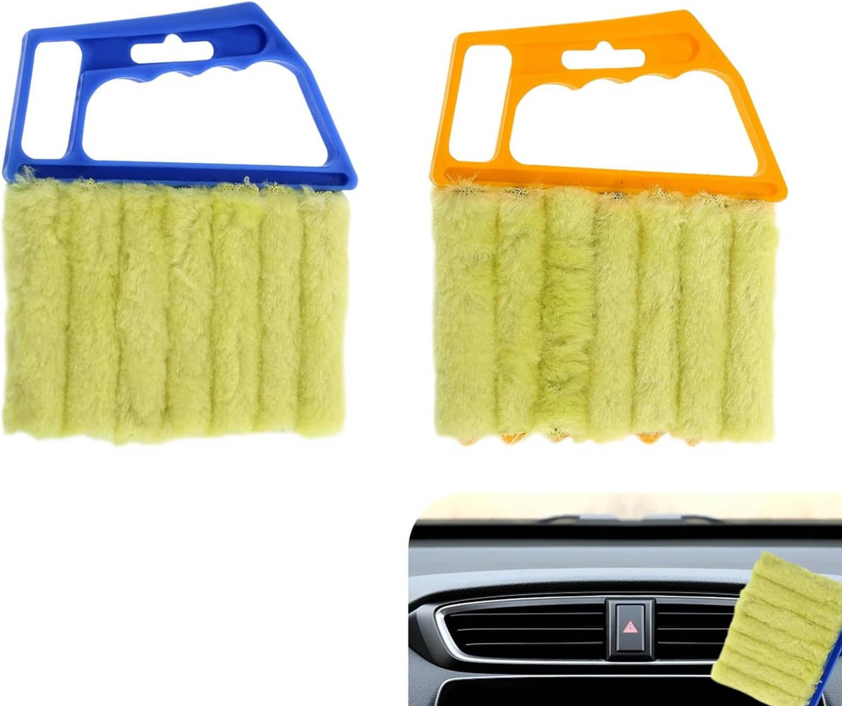 2-pack microfiber duster brushes with lime green cloth heads and blue/orange frames
