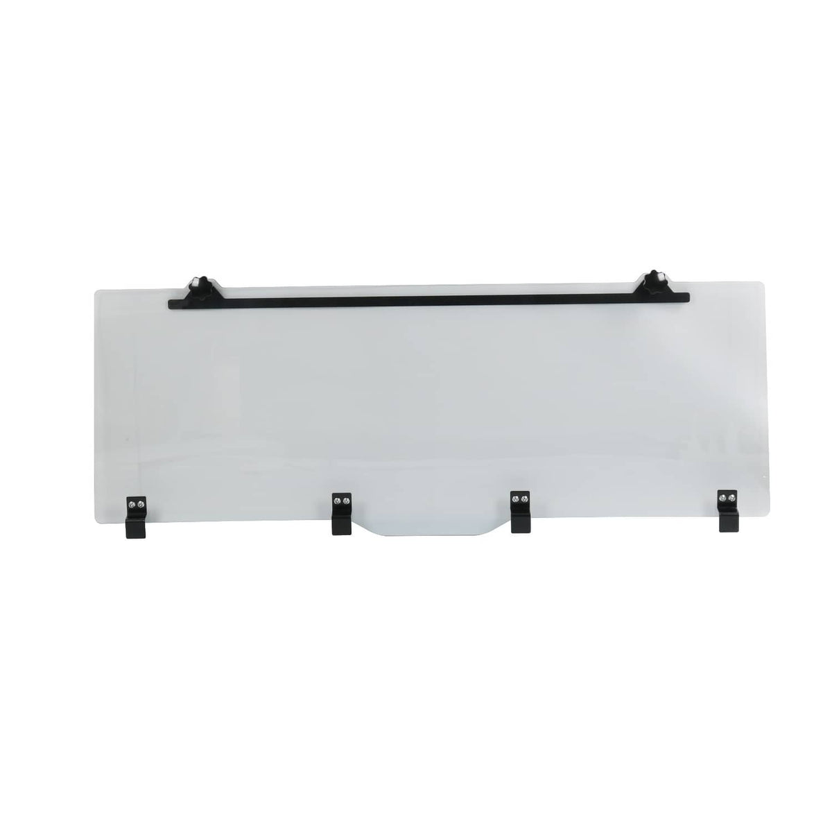 Rear sliding windshield window glass panel with four black mounting clips and bar