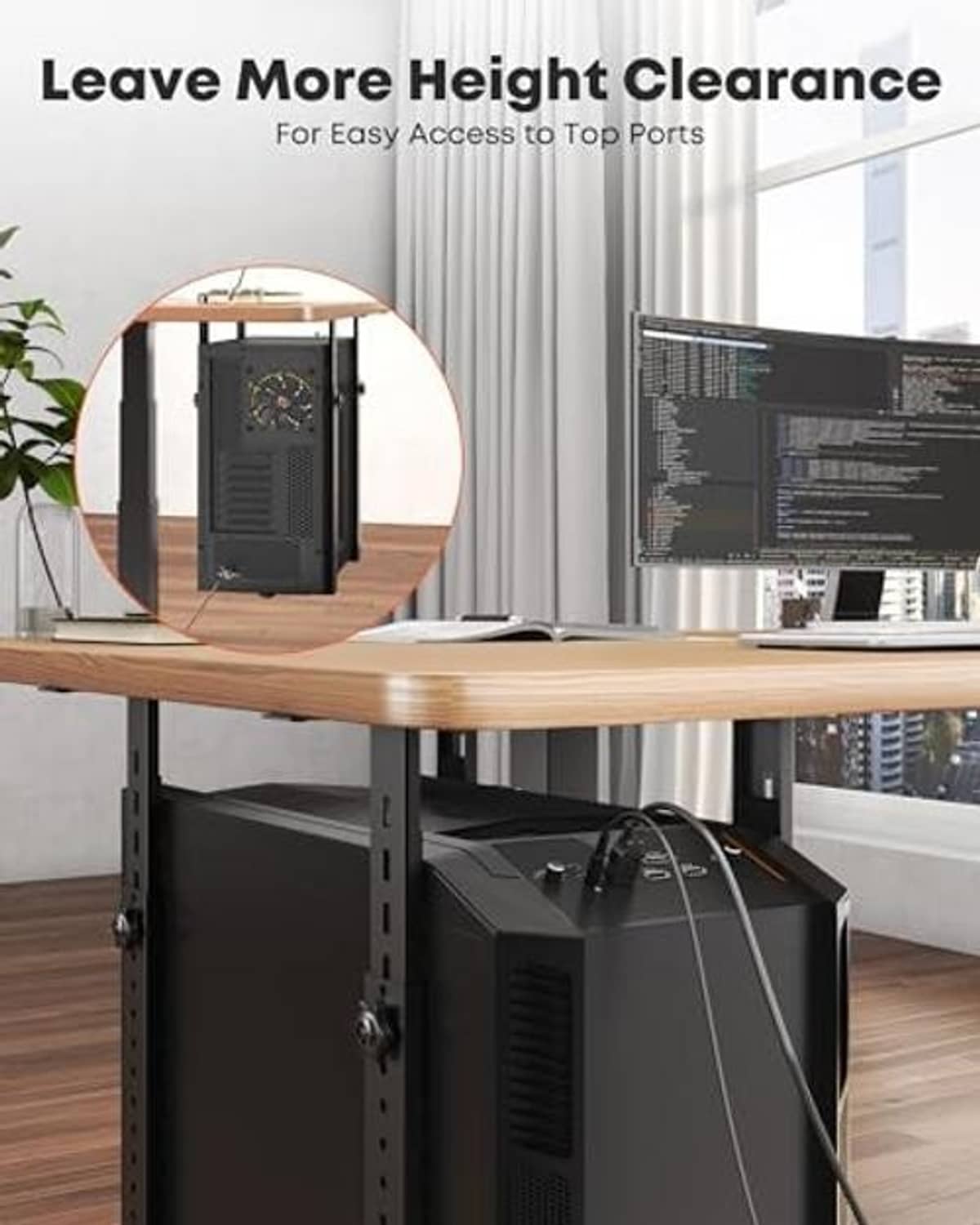 Black under-desk PC mount holding a tower PC beneath a wooden desk