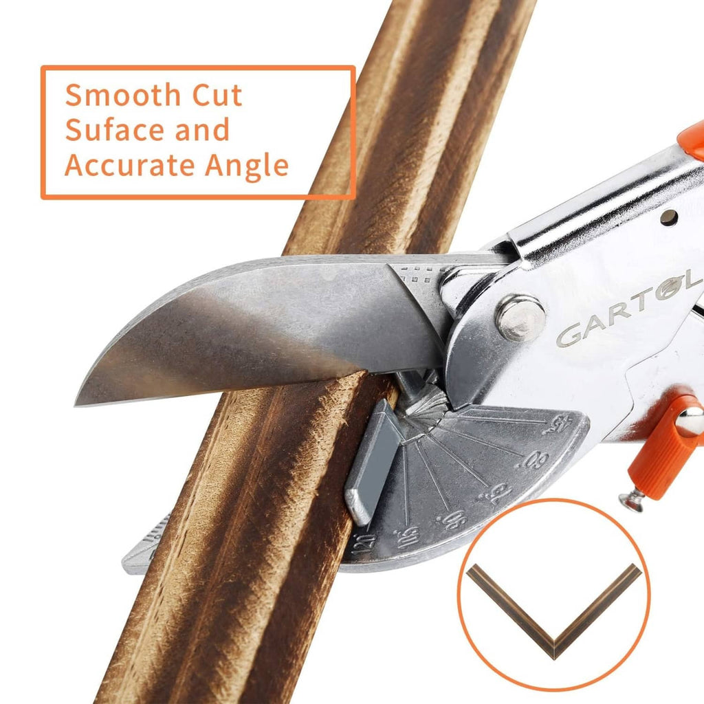 Adjustable miter shears cutting along the blade edge on trim material.