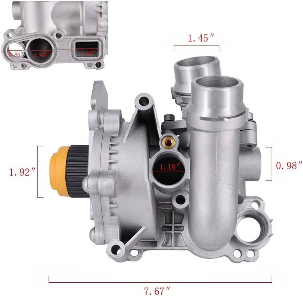 Water pump with thermostat shown with size measurements, silver housing and yellow pulley