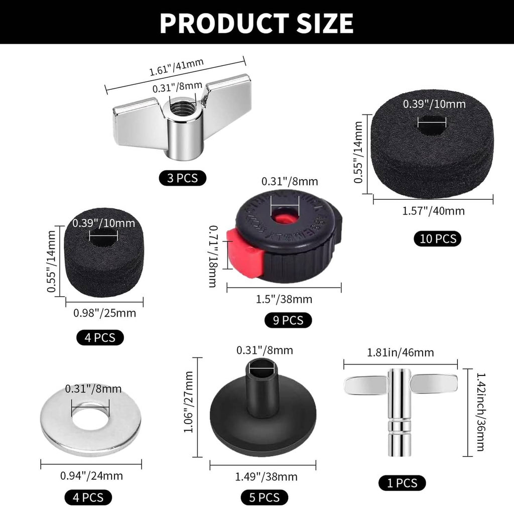 Product size chart for cymbal felt pads and drum clutch hardware, with measurements
