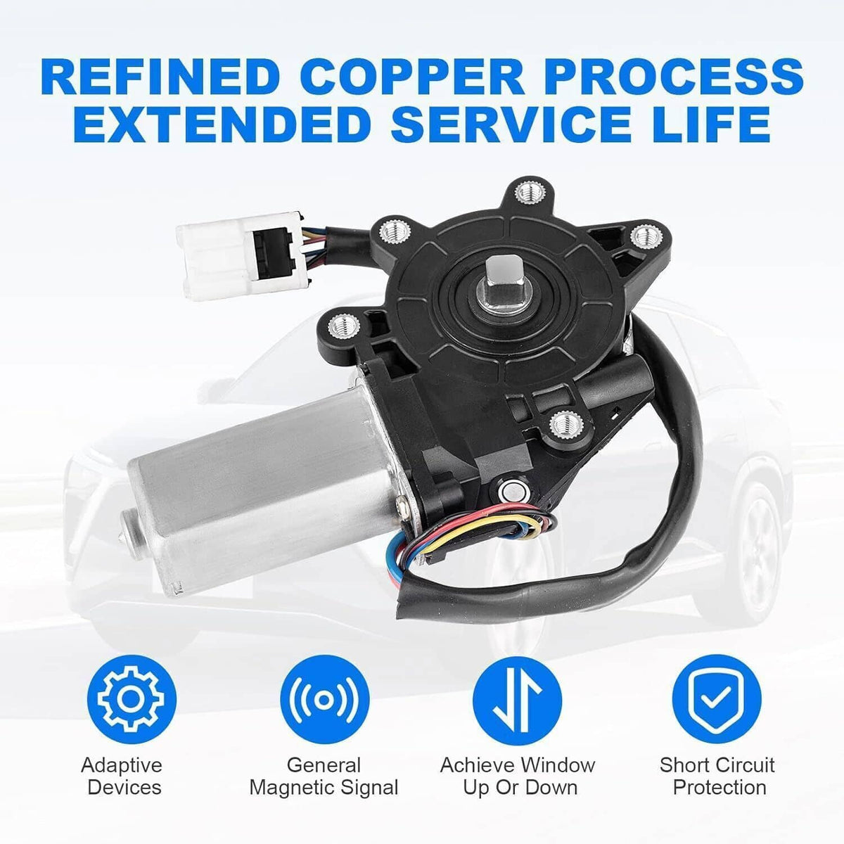 Power window lift motor assembly with metal drive shaft and connector