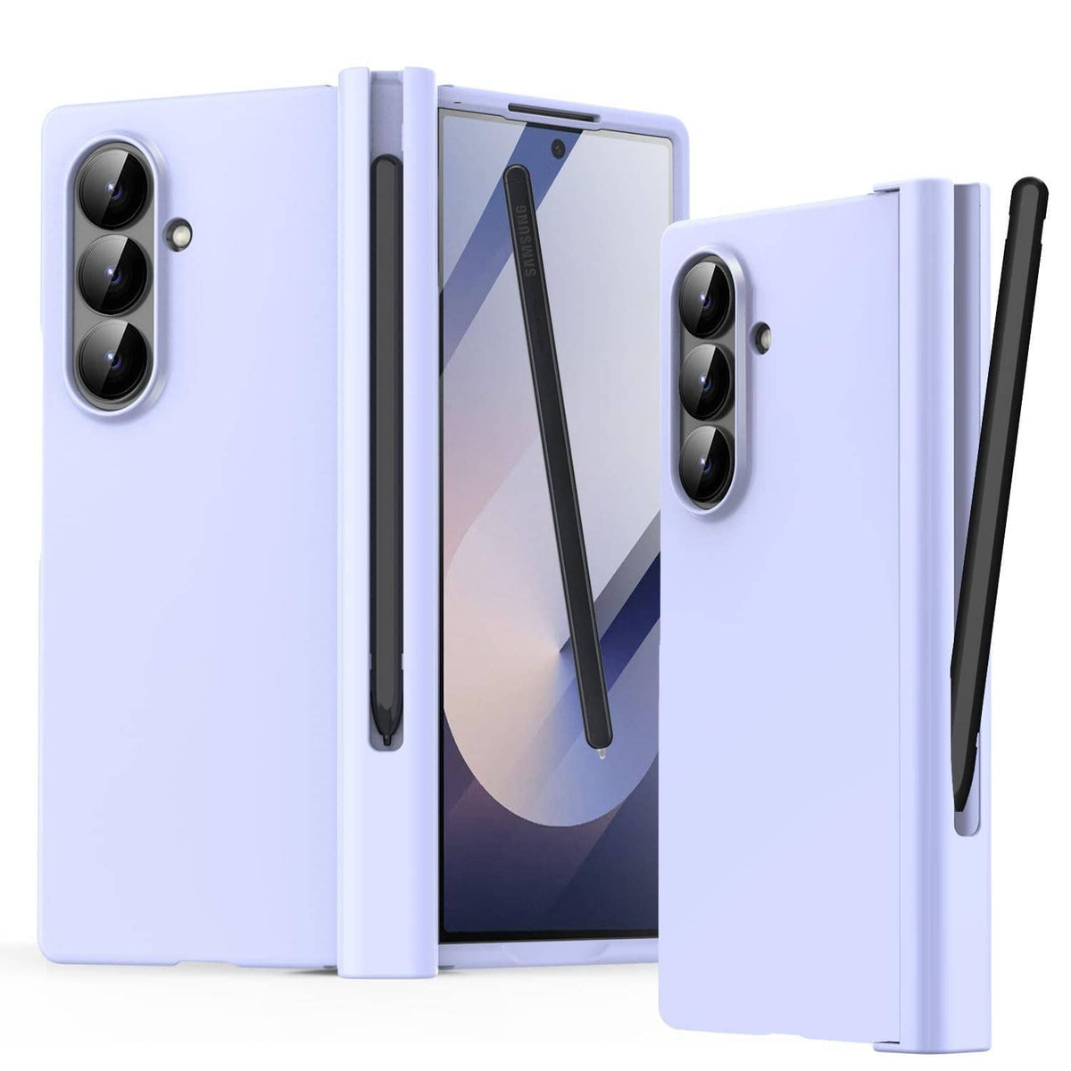 Purple Galaxy Z Fold 7 case with S Pen holder, open and back view