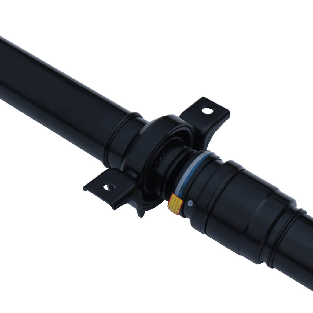 Rear driveshaft assembly with central coupling and mounting brackets, black