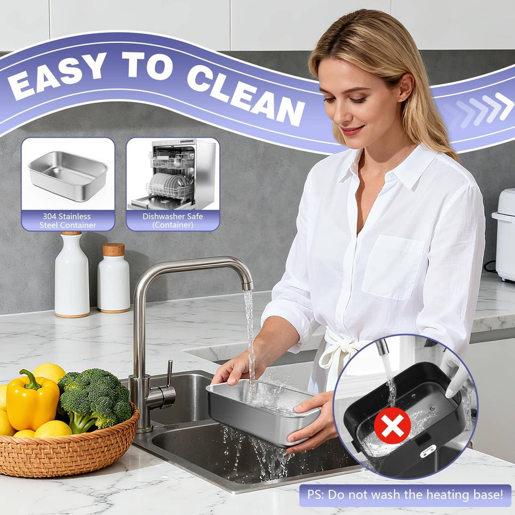 Blue electric lunch box with removable heating base and stainless steel food container.