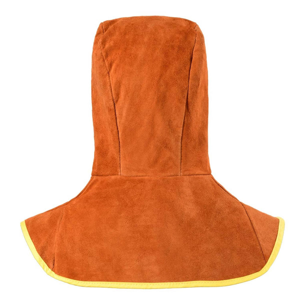 Orange leather welding hood cap with wide neck flap and yellow trim